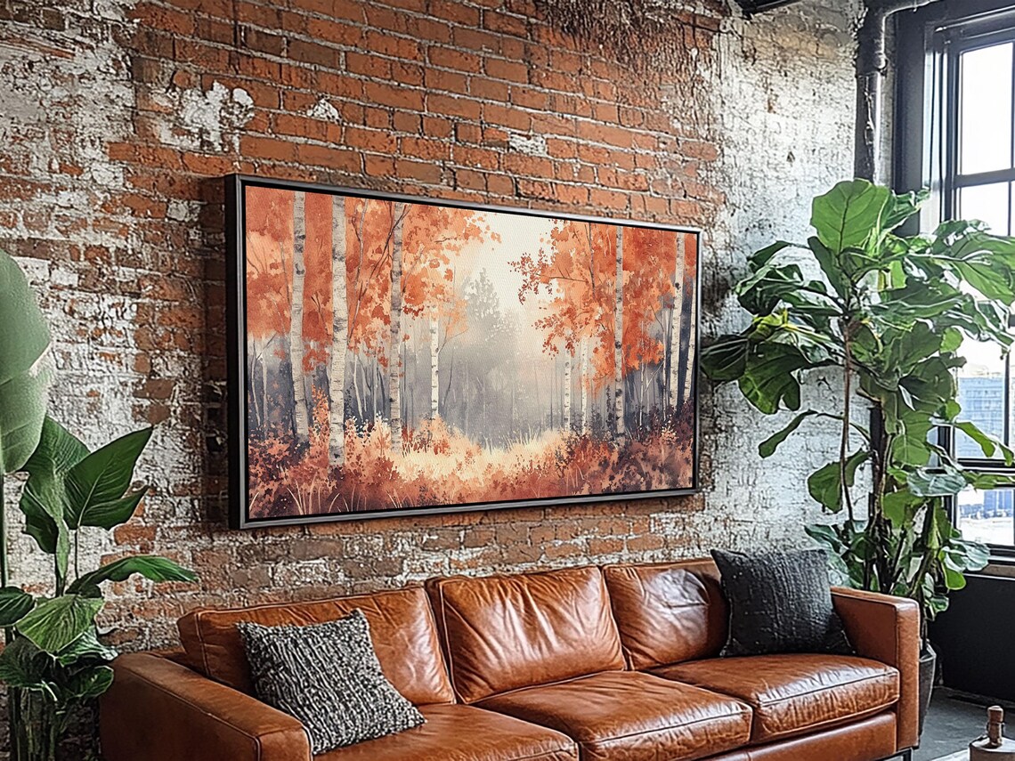 Autumn Birch Forest Misty Orange Foliage Watercolor Painting Wall Art - Image 3