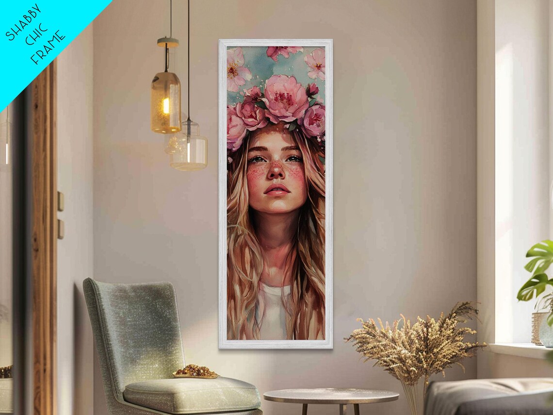 Flower Crown Girl Portrait Watercolor Blooming Pink Floral Wall Art - Image 3