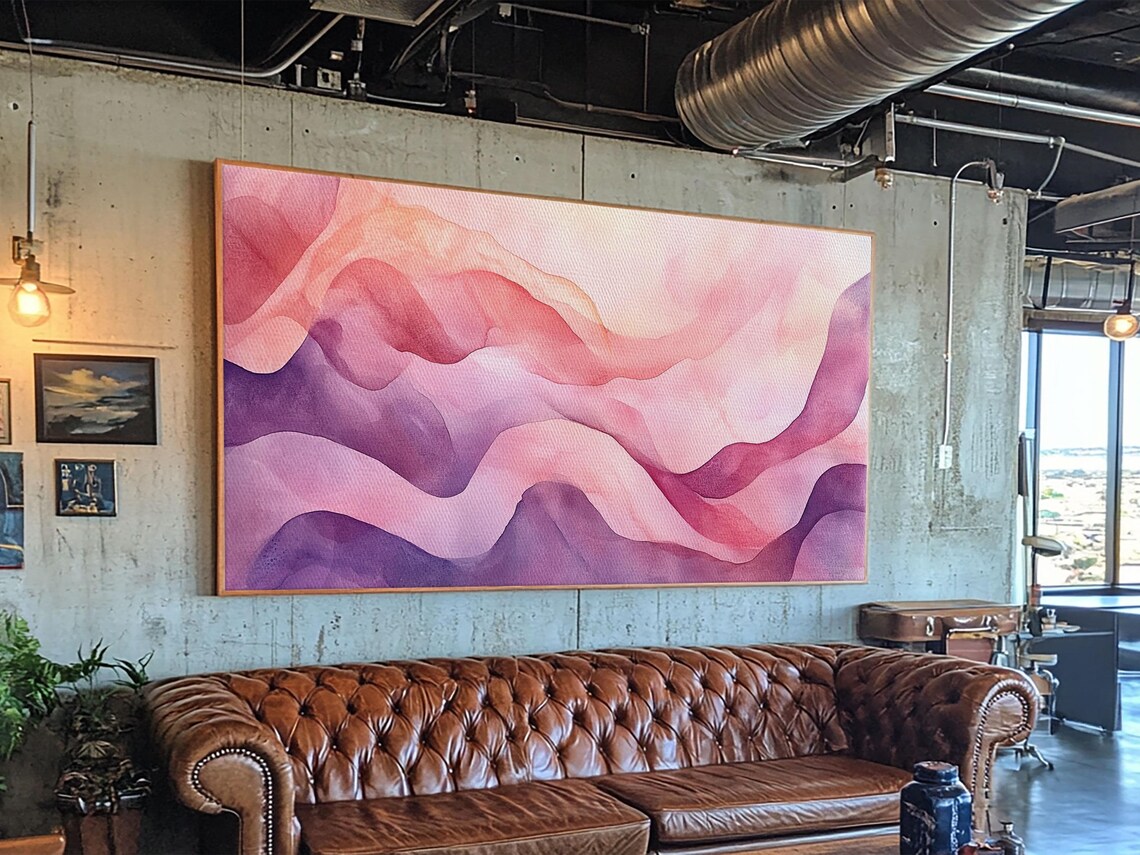 Pink Purple Flowing Waves Abstract Watercolor Calm Zen Wall Art - Image 3