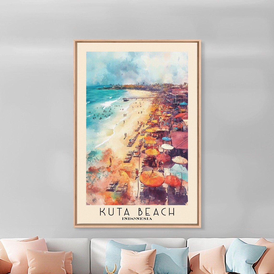 Kuta Beach Indonesia Busy Beach Colorful Umbrellas Surf Watercolor Poster - Image 3