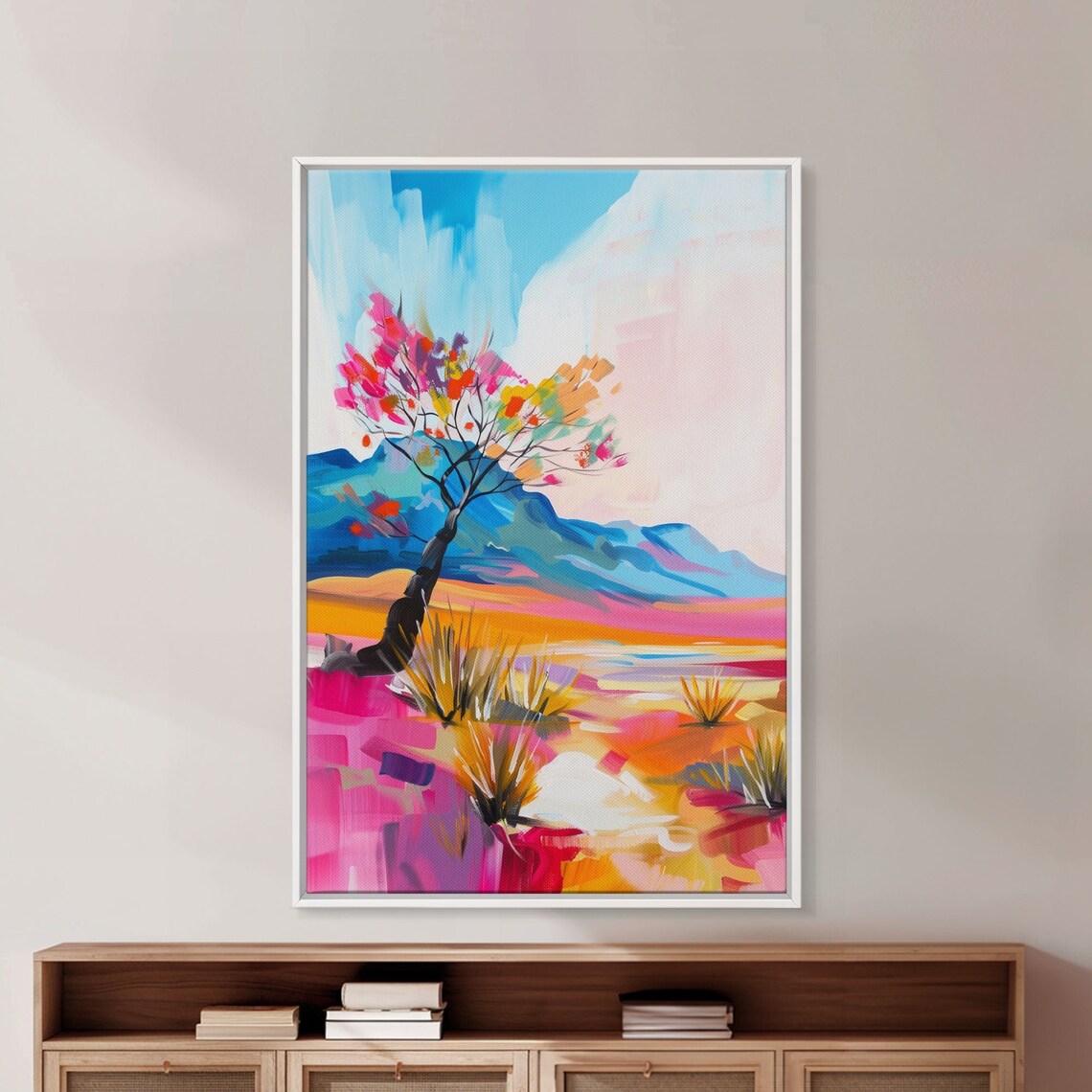 Colorful Desert Tree Blooming Mountain Oasis Landscape Art Poster - Image 5