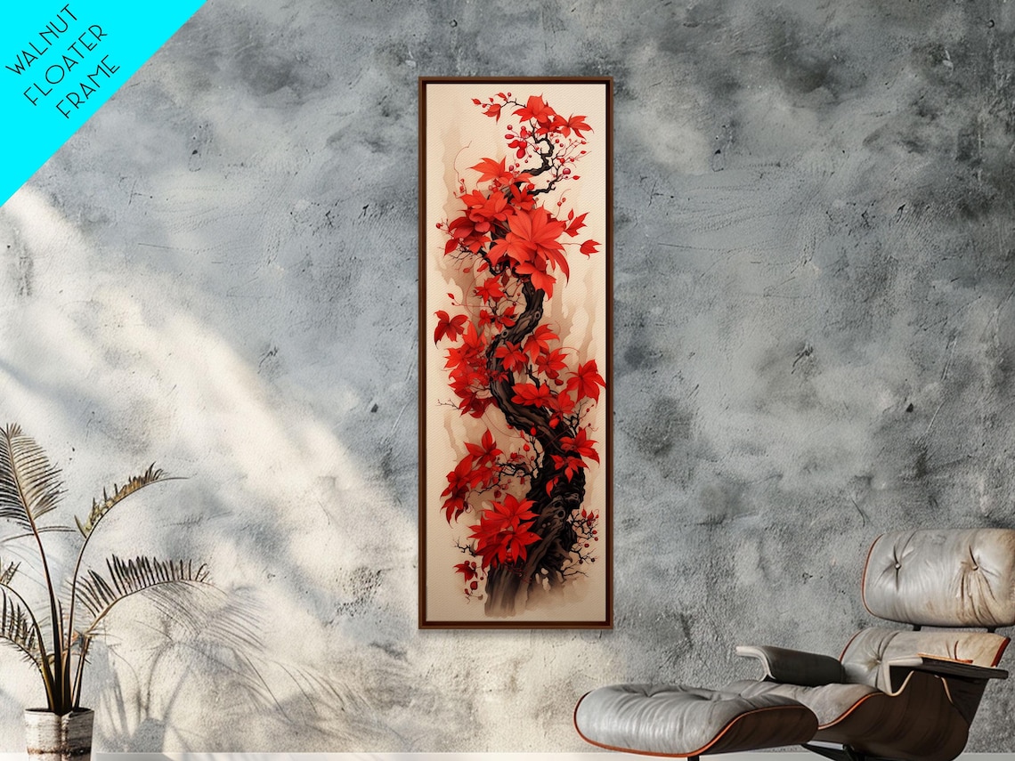 Twisting Vine With Red Autumn Berries Ink Wash Japanese Wall Art