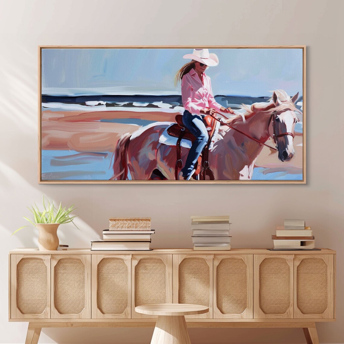 Cowgirl Riding White Horse Beach Pink Shirt White Hat Coastal Wall Art