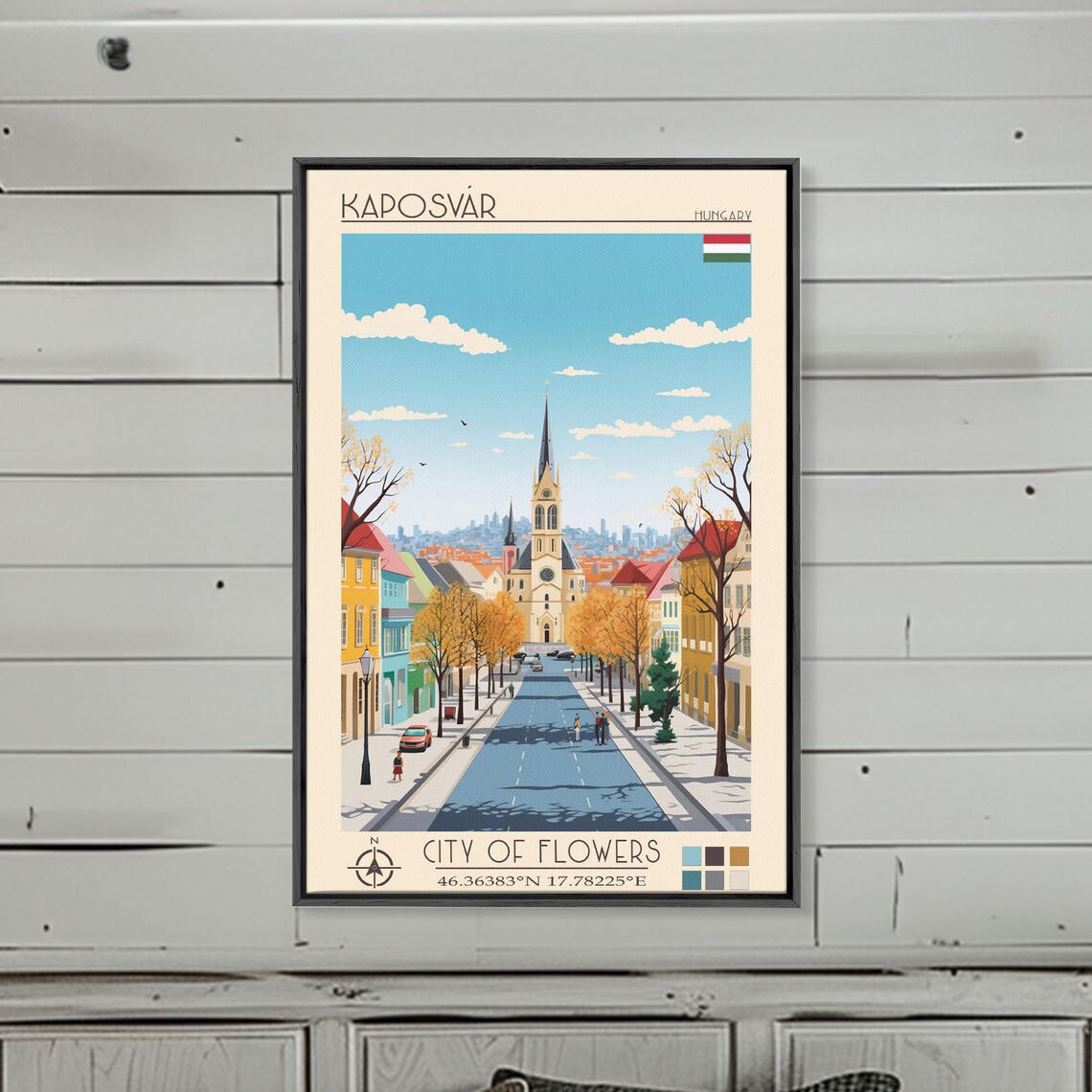 Kaposvar Hungary Wide Avenue Church Spire Autumn Trees View Poster - Image 3