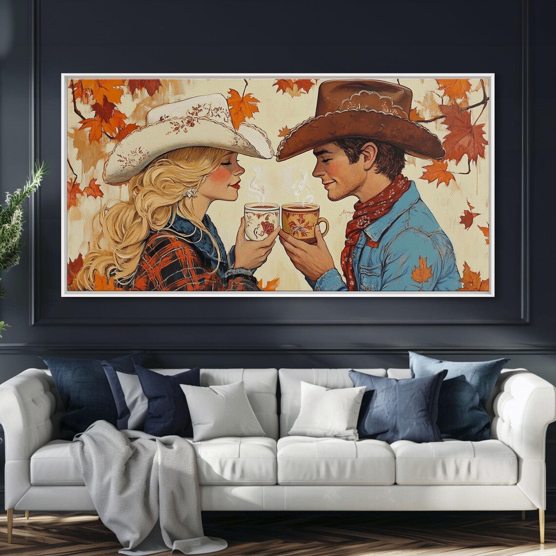 Cowboy Cowgirl Couple Sharing Hot Cocoa In Fall Vintage Style Poster - Image 2