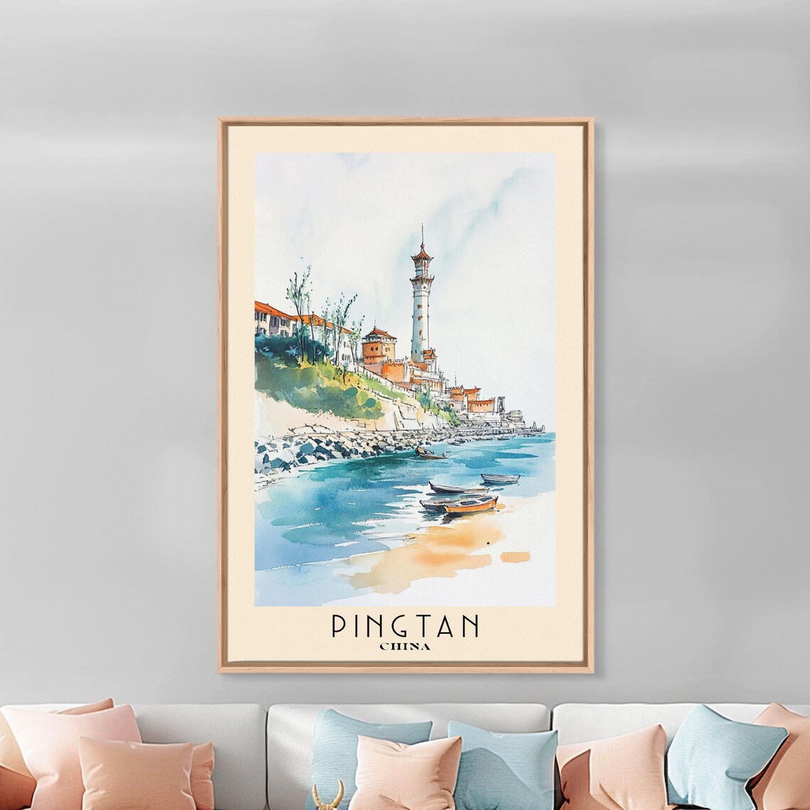 Pingtan China Coastal Village Lighthouse Tower Boats Harbor Travel Poster - Image 3