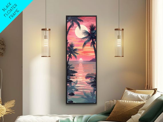 Serene Sunset With Palm Trees And Tranquil Ocean Reflection Ukiyo E Wood Block Tall Skinny Art Framed Print