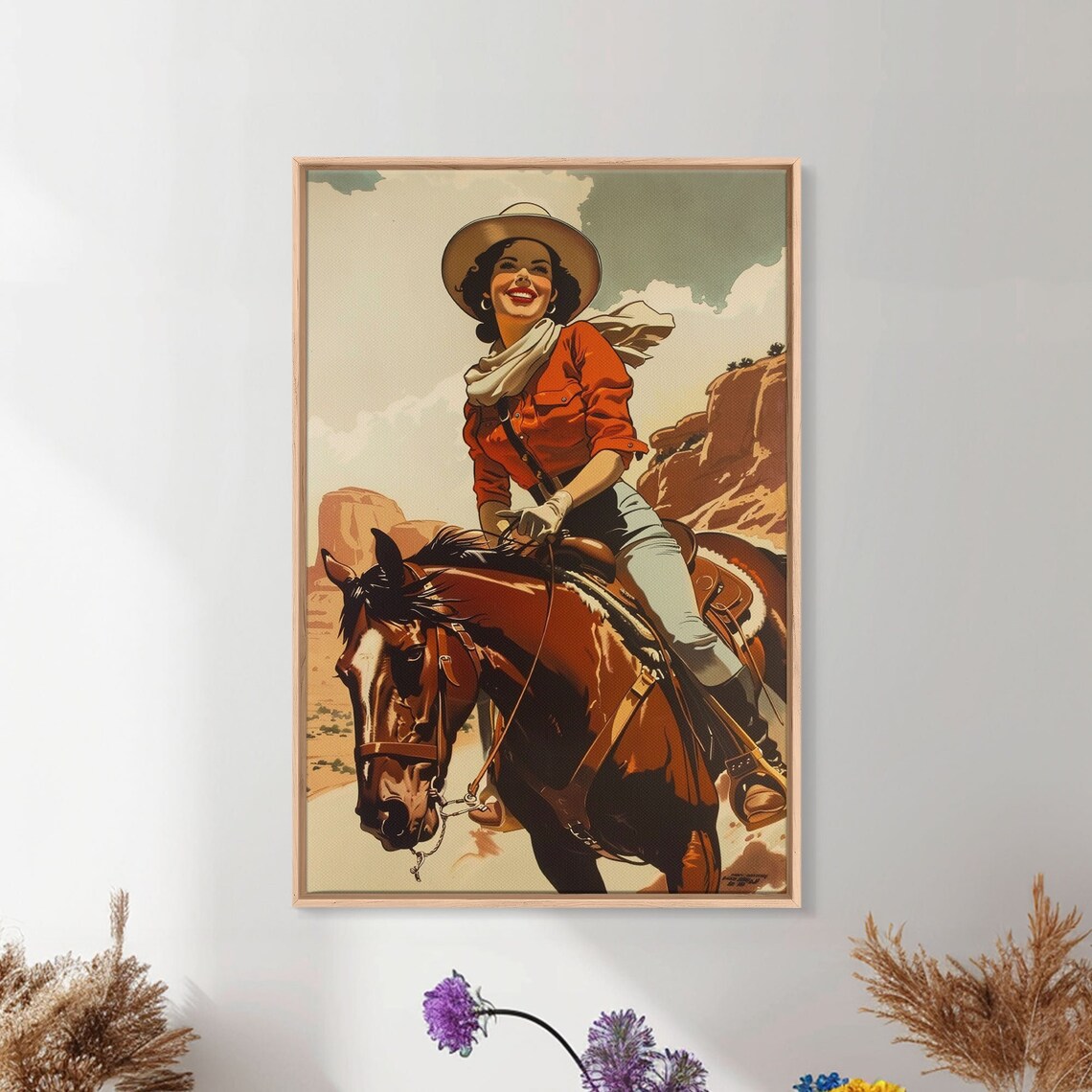 Smiling Cowgirl Riding Horse Through Desert Canyon Retro Poster - Image 4
