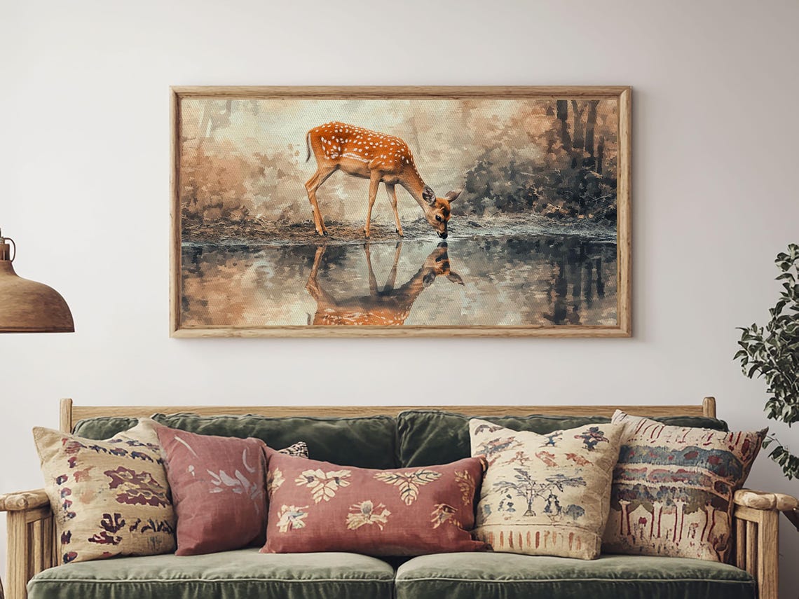 Reflection Of A Deer Drinking Water Framed Print Cute Farmhouse Wall Art Farmhouse Decor - Image 5