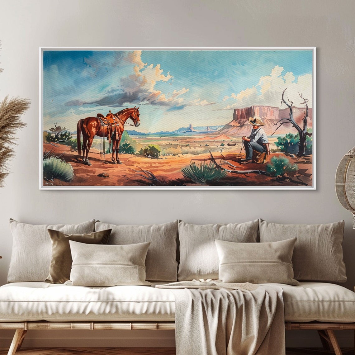 Cowboy Resting Beside Horse Red Desert Mesa Western Painting Poster - Image 4