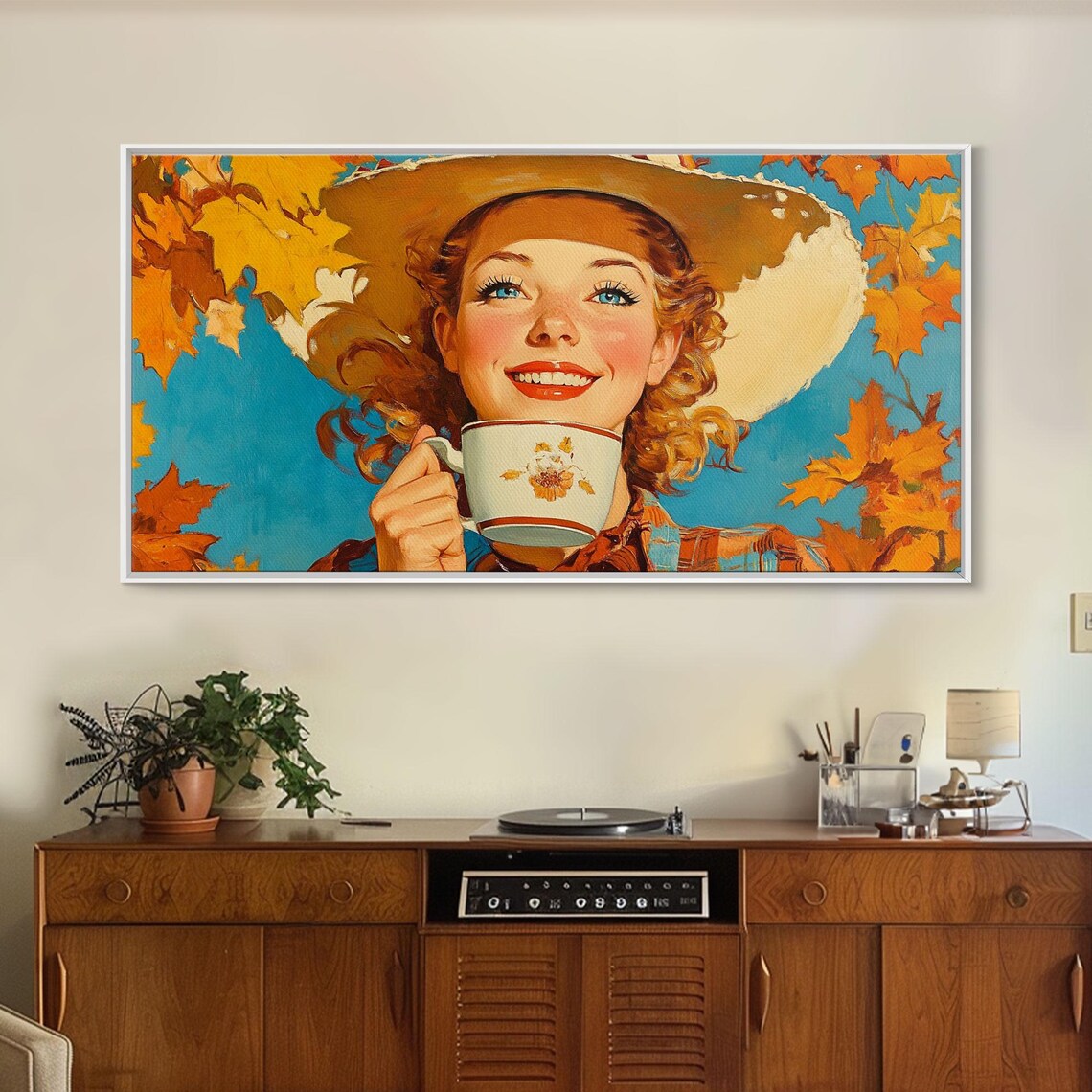 Retro Pinup Cowgirl Smiling With Teacup Autumn Leaves Blue Sky Poster - Image 3