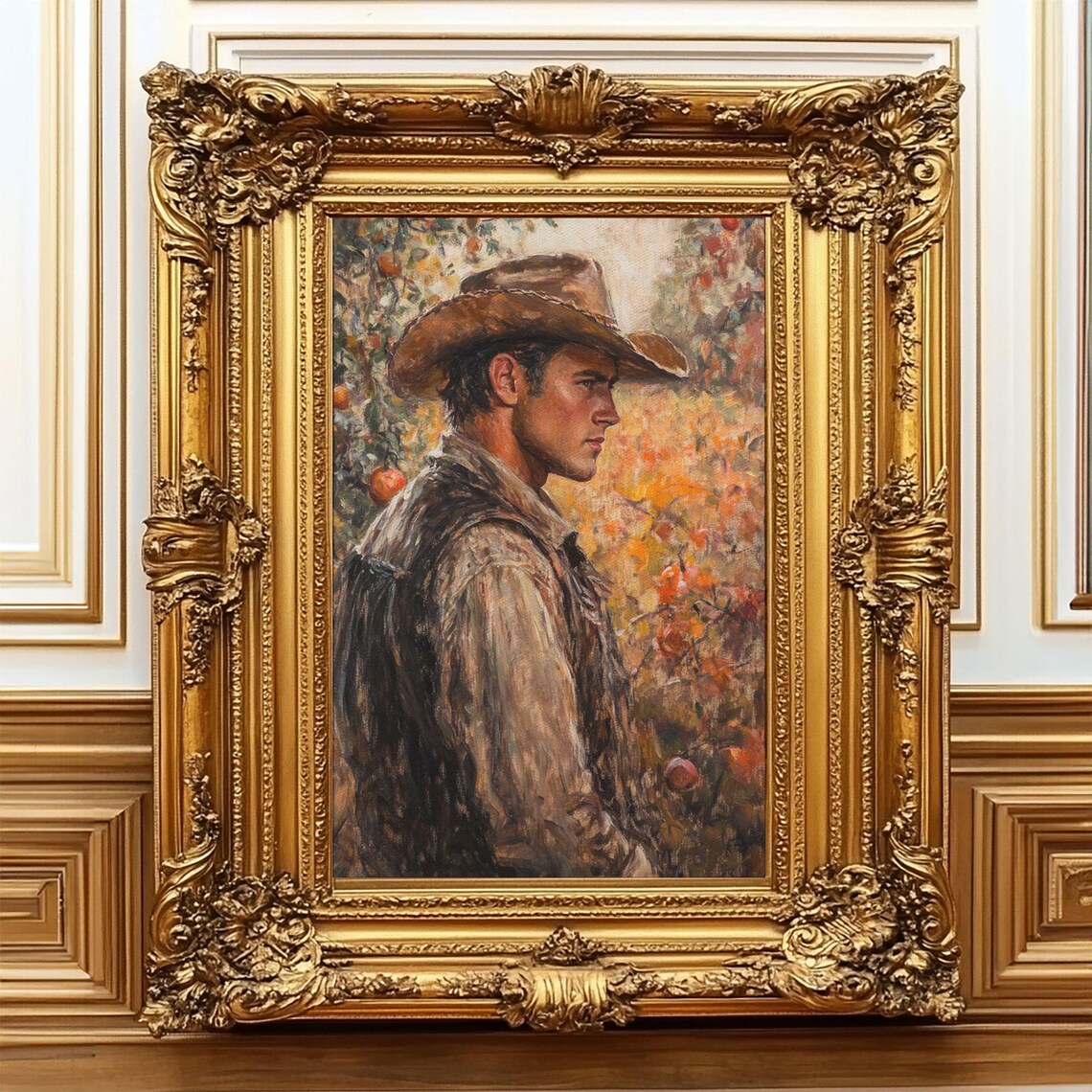 Thoughtful Cowboy Portrait Autumn Orchard Warm Painterly Art Poster - Image 4