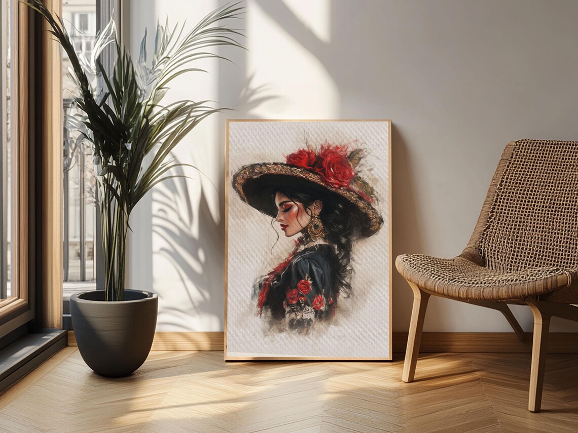 Woman In Rose Hat Spanish Style Profile Elegant Watercolor Art Poster - Image 5