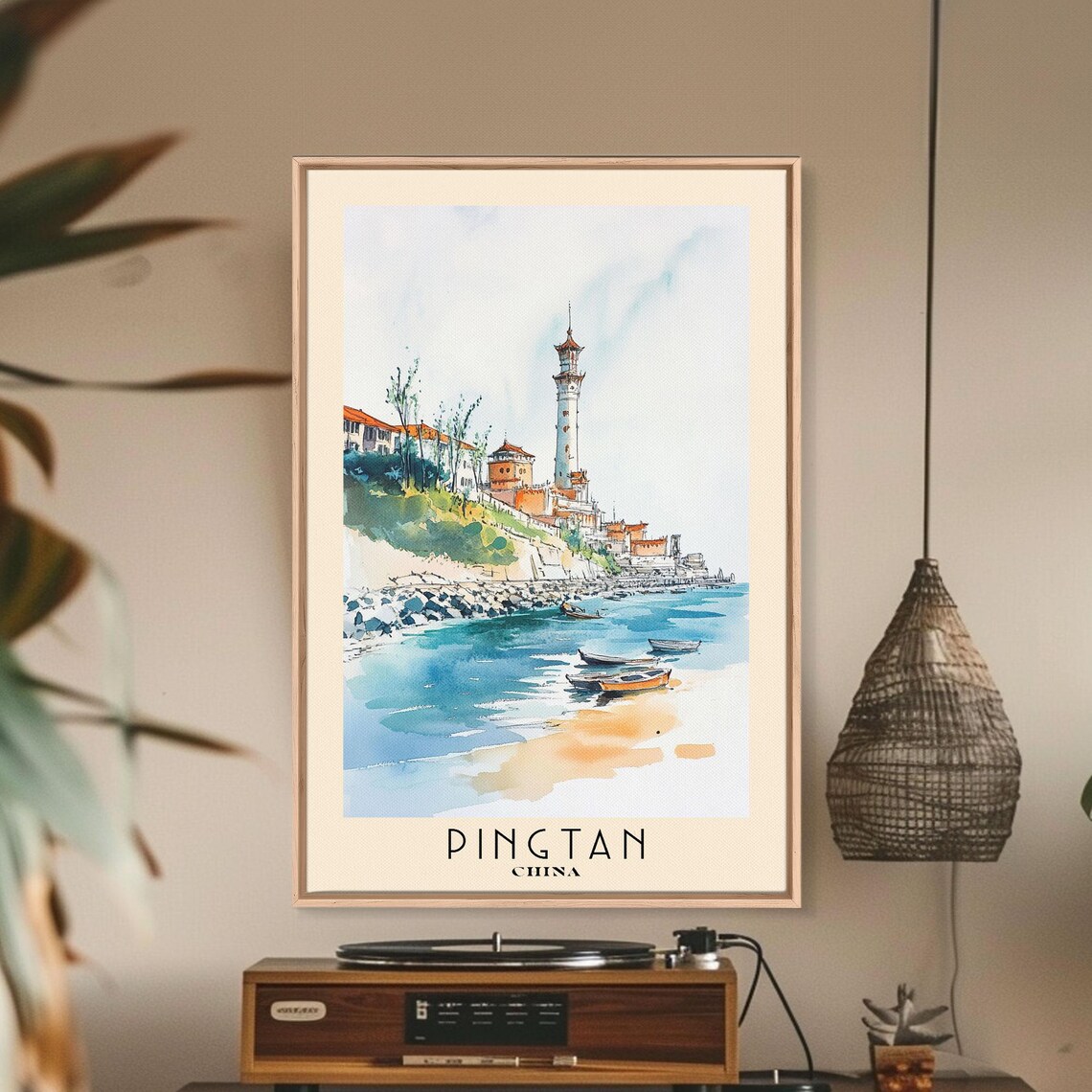 Pingtan China Coastal Village Lighthouse Tower Boats Harbor Travel Poster - Image 2