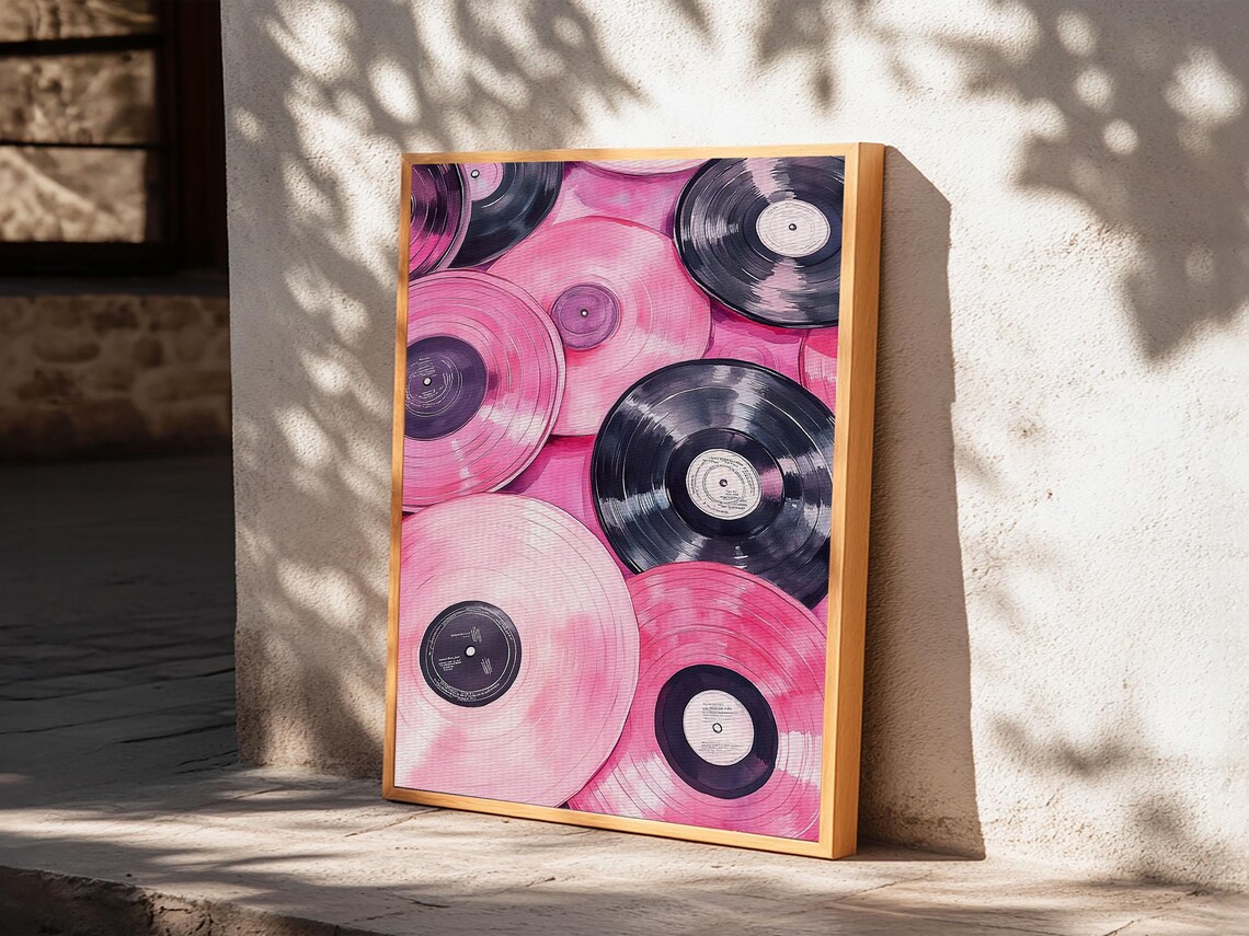 Pink And Purple Vinyl Records Close-Up Retro Music Wall Art Print - Image 2