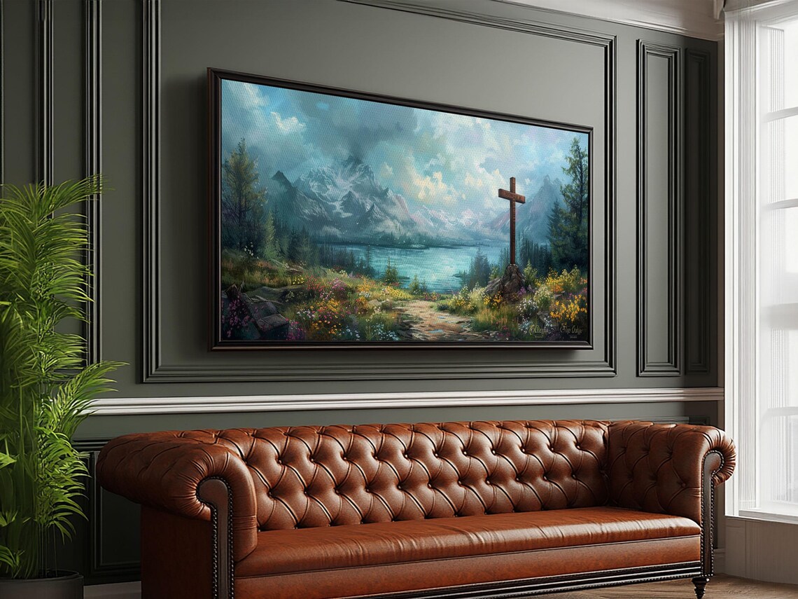 Wooden Cross In Mountain Lake Wildflower Meadow Christian Faith Wall Poster - Image 5