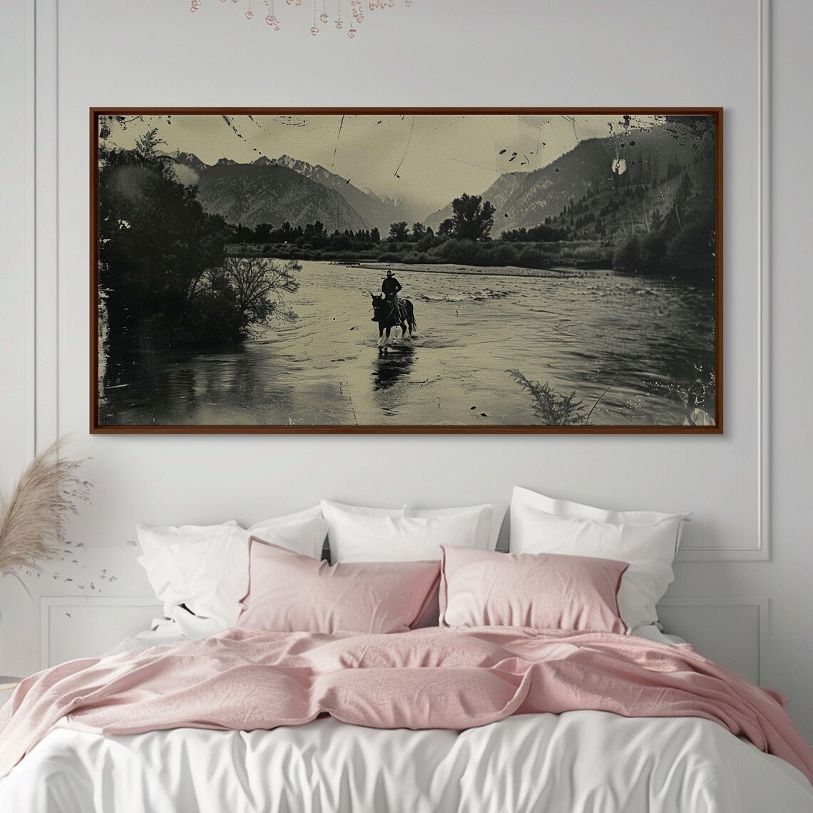 Cowboy Crossing River On Horseback Mountain Valley Sepia Western Print - Image 3