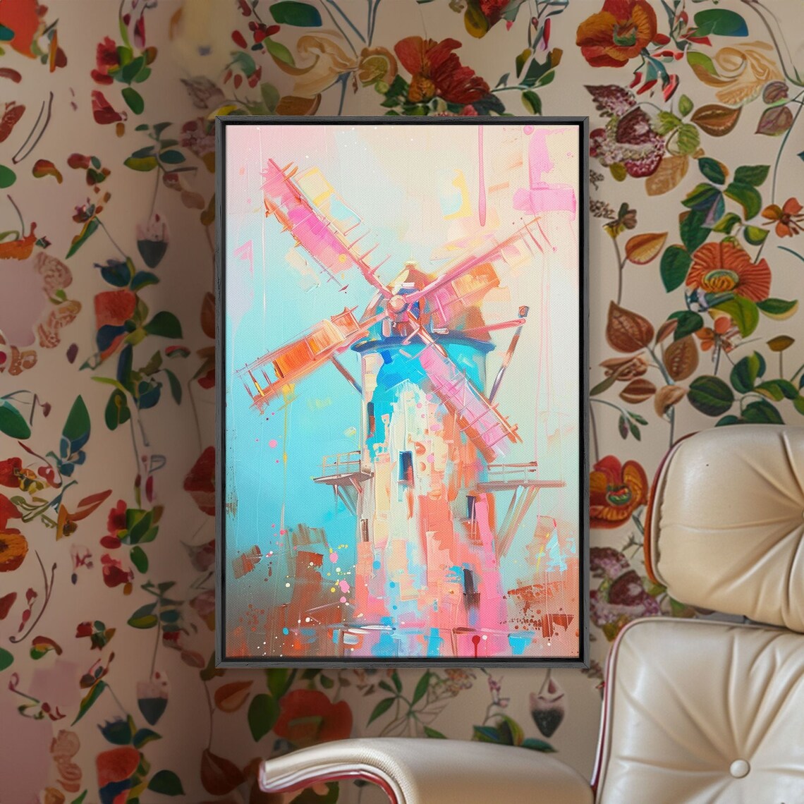 Pastel Windmill Painting In Pink Blue And Orange Soft Colors Poster