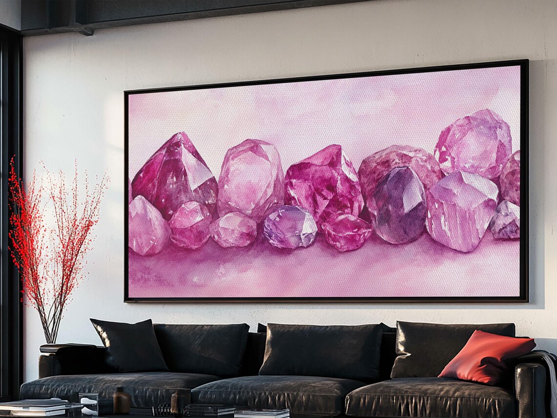 Pink Amethyst Gemstones Watercolor Row Sparkling Crystal Design Poster