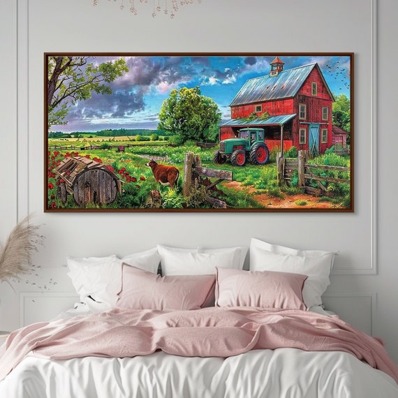 Rustic Barn With Green Tractor In Field Stunning Country Art Framed Print Farmhouse Wall Decor Living Room Decoration