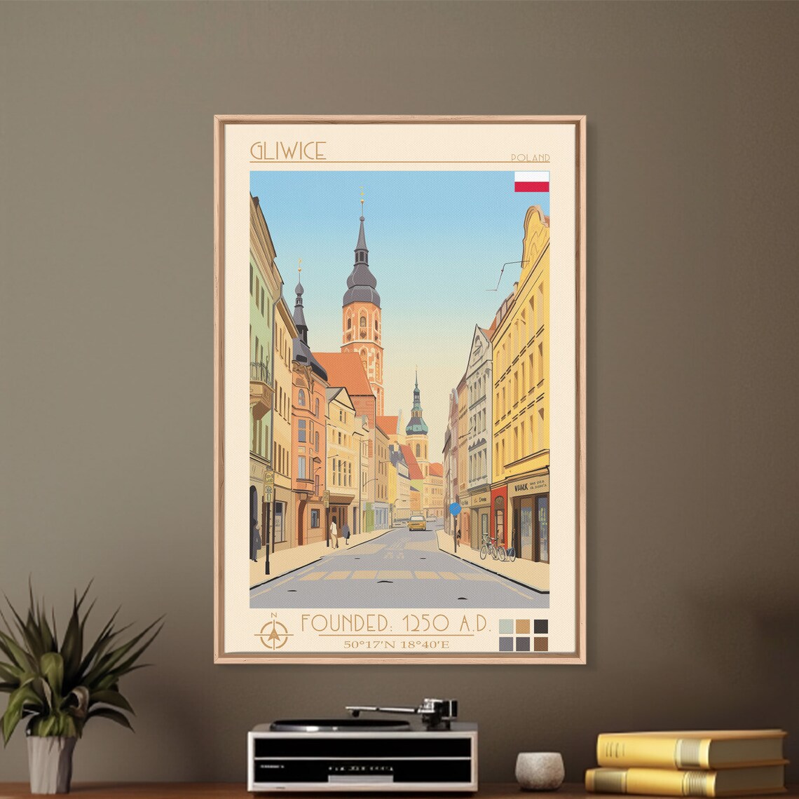 Gliwice Poland Old Town Street Church Towers Pastel Facades Poster - Image 4