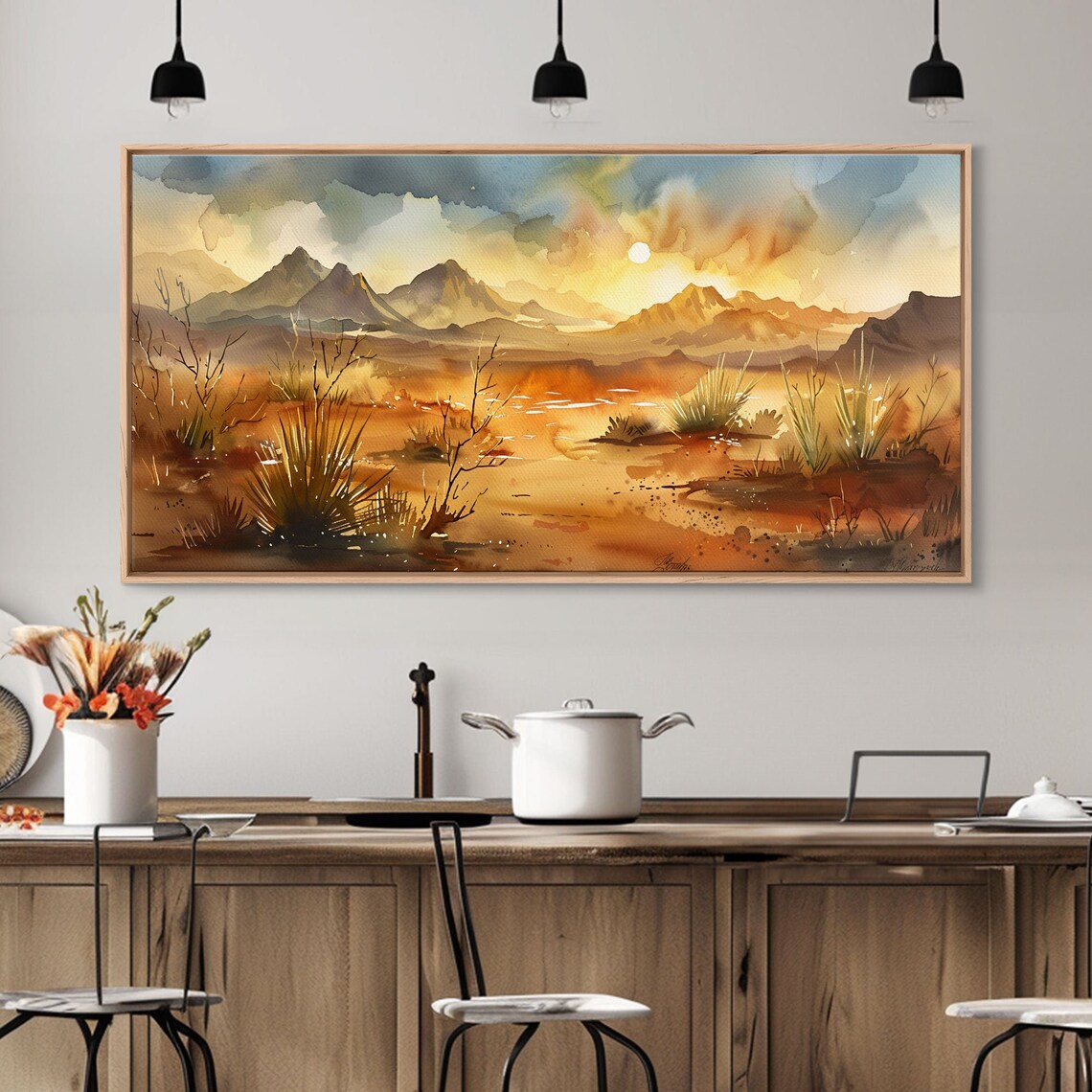 Golden Desert Mountain Watercolor Sunset Amber Landscape Art Poster - Image 2