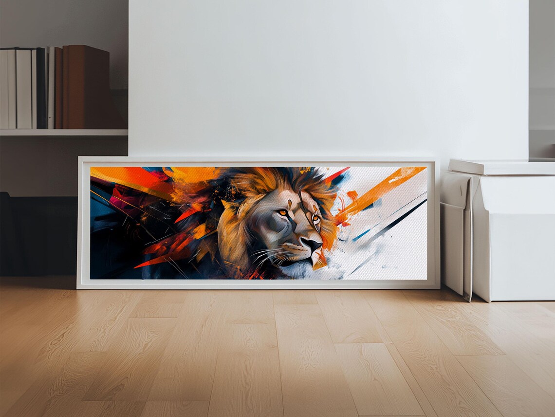 Majestic Lion Head Bold Abstract Orange Black Brushstroke Panoramic Art Print - Image 2
