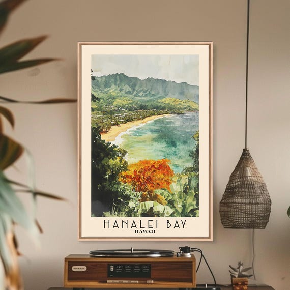 Hanalei Bay Hawaii Watercolor Print Vacation Gift Hawaii Wall Art Vacation Wall Art Vacatation Beach Decor Beach Or Lakehouse Art