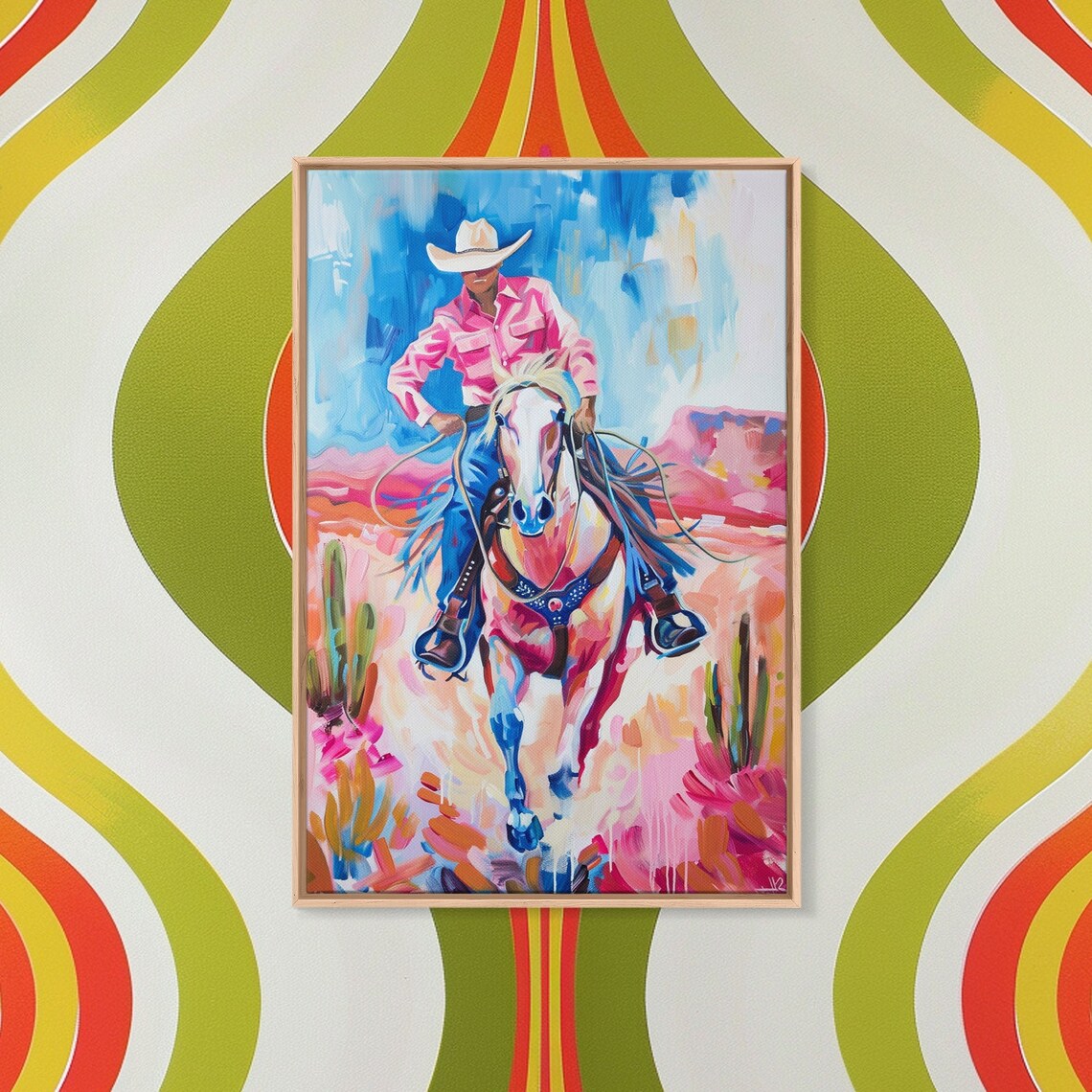 Vibrant Cowboy Riding White Horse Galloping Desert Art Poster