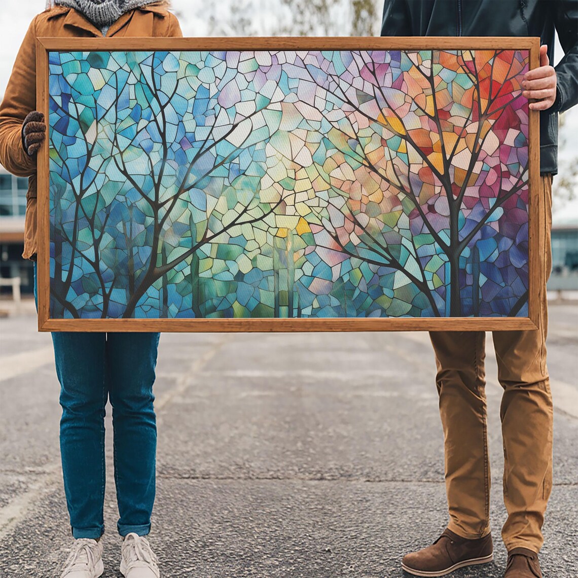 Stained Glass Tree Silhouettes Colorful Mosaic Sky Nature Poster - Image 3
