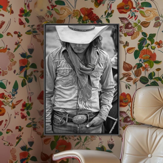 Cowboy With Hat And Scarf Looking Down In Black And White For Western Wall Art Prints Home Decor Living Room Art Bedroom Art