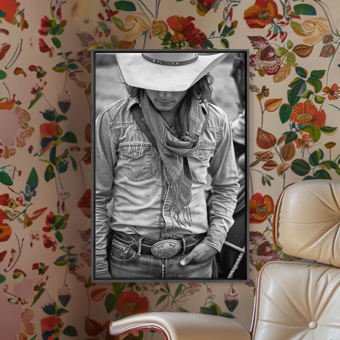 Cowboy Hat Shadowed Face Black And White Portrait Western Art Poster
