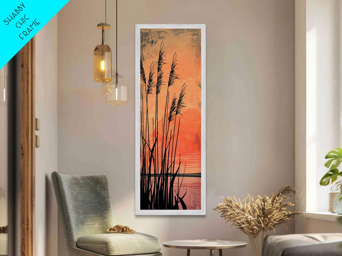 Black Reeds Silhouetted Against Glowing Orange Sunset Sky Art Poster - Image 3