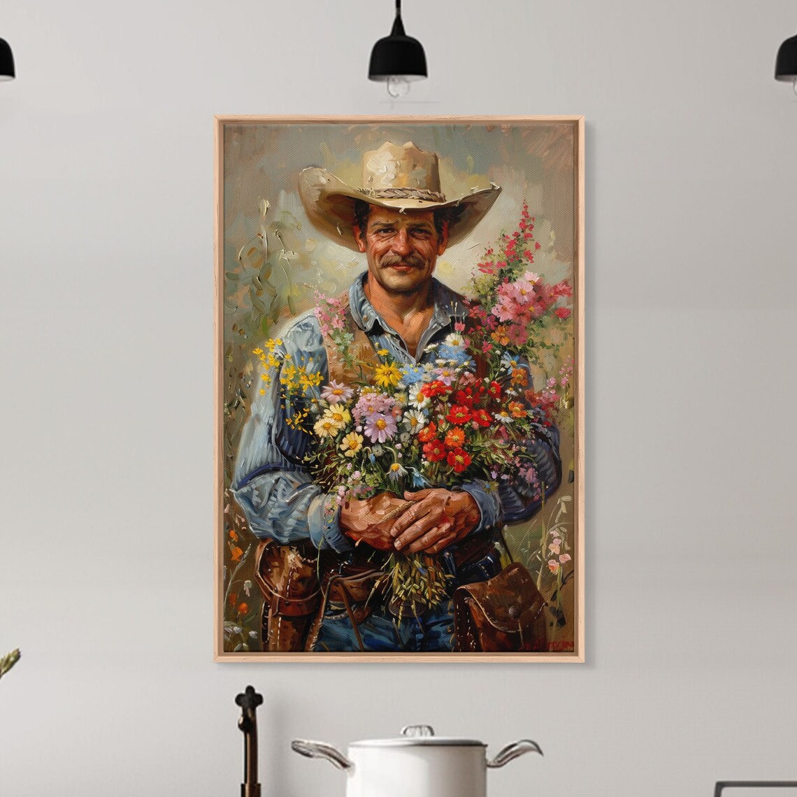Smiling Cowboy Holding Wildflower Bouquet Colorful Western Art Poster