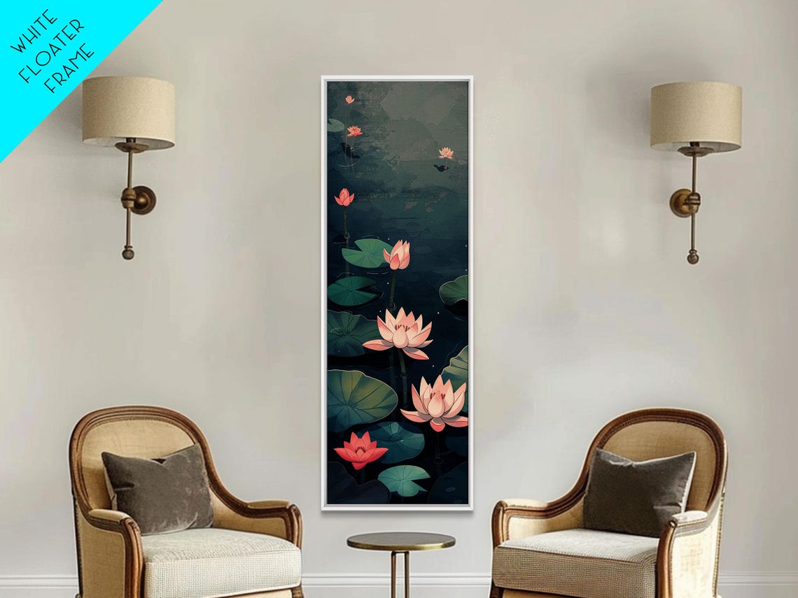 Pink Water Lilies Floating On Dark Still Pond Japanese Style Wall Art - Image 2
