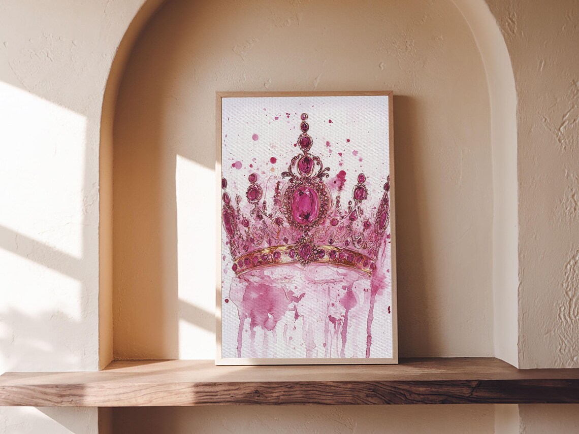 Regal Pink Jeweled Crown Watercolor Queen Princess Wall Art Poster - Image 6