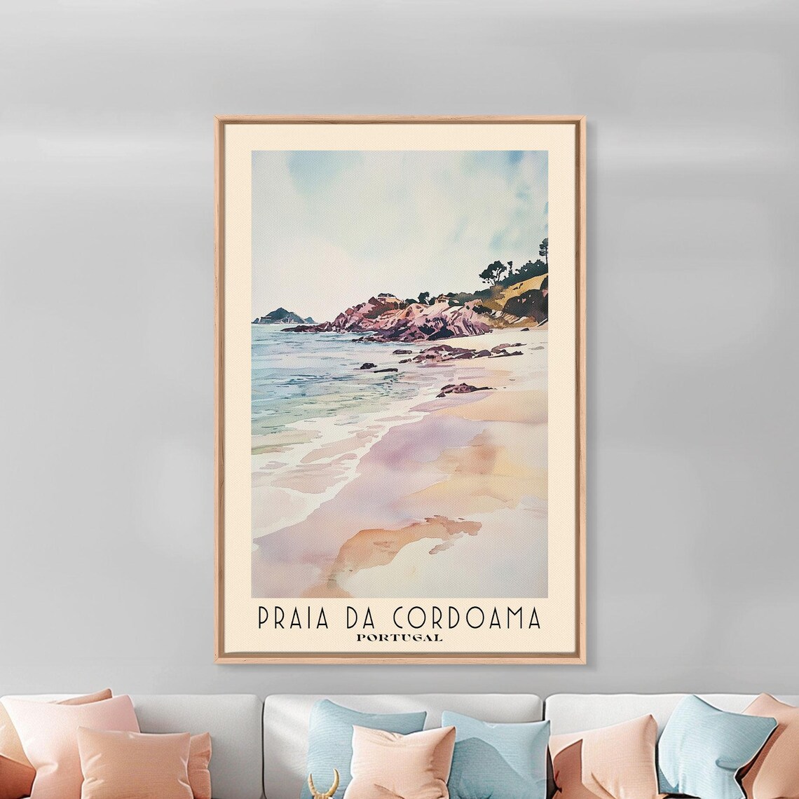 Praia da Cordoama Portugal Pastel Sand Pink Rocky Cove Watercolor Poster - Image 3