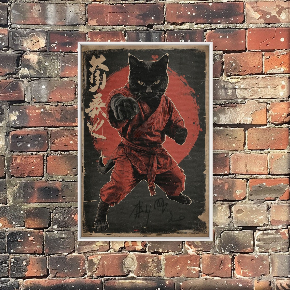 Black Cat Samurai Poster in Red Martial Arts Gi with Red Sun Art - Image 3