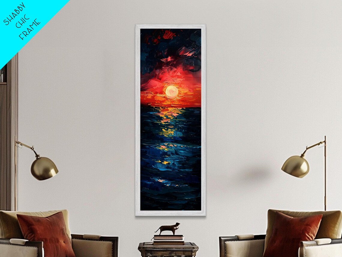 Dramatic Red Sunset Ocean Waves Coastal Impasto Painting Art Print - Image 2