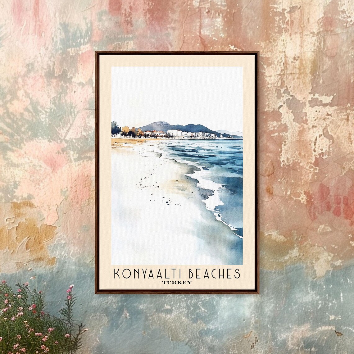 Konyaalti Beaches Turkey Long Shore City Mountain View Watercolor Poster - Image 4