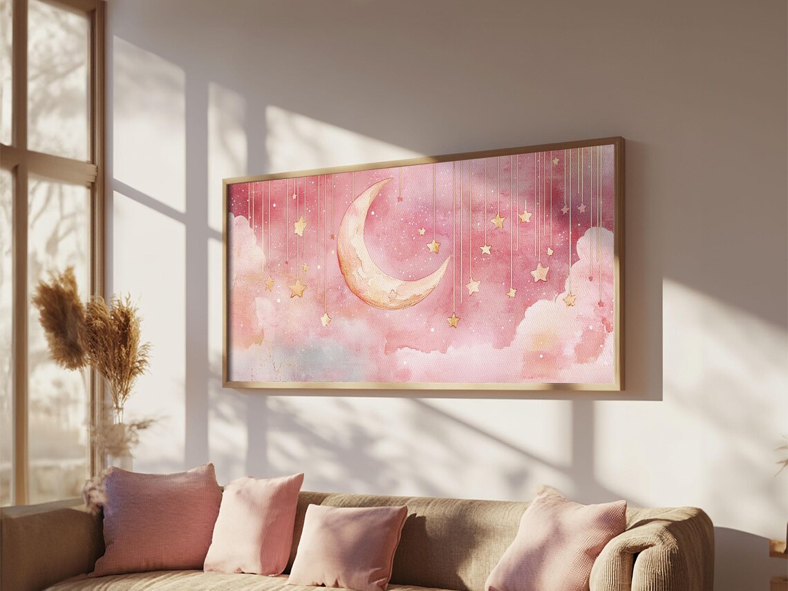 Pink Crescent Moon Gold Stars Watercolor Night Sky Nursery Poster - Image 5