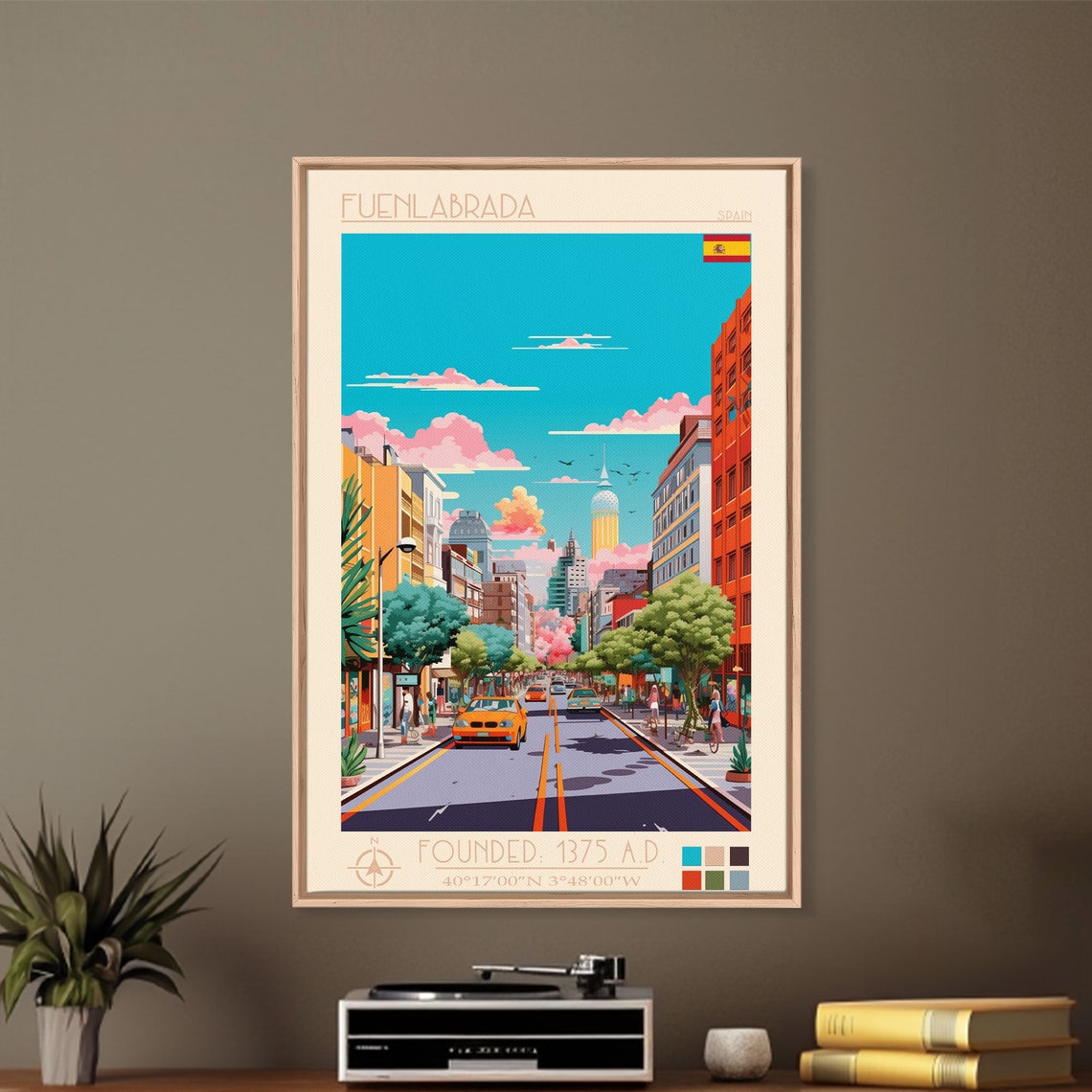 Fuenlabrada Spain Tree Lined Avenue Skyline Yellow Taxi View Poster - Image 4