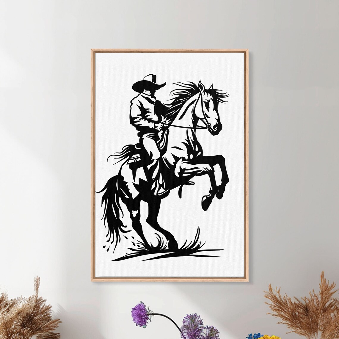 Cowboy Riding Rearing Horse Black Silhouette Minimalist Poster