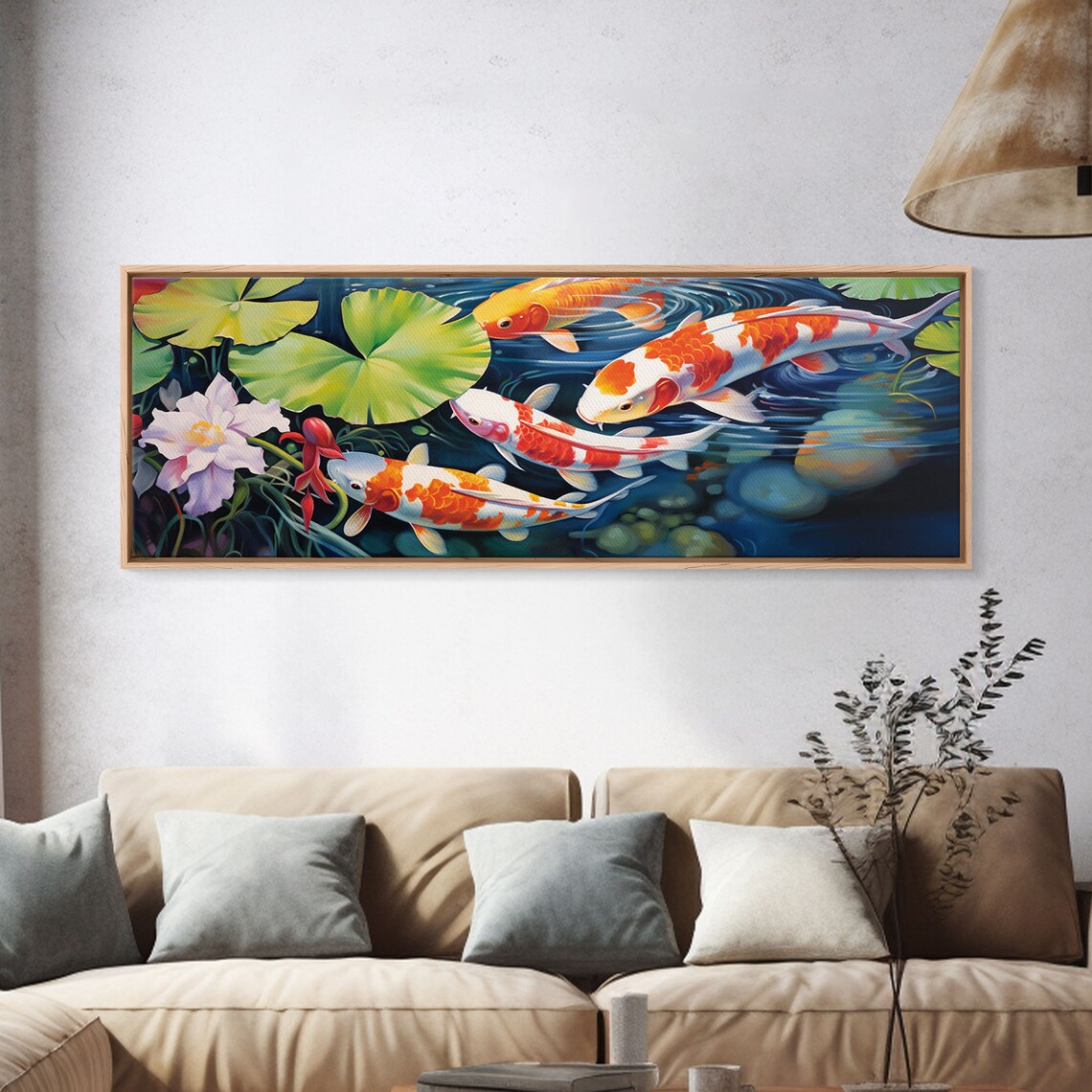 Koi Pond Painting Orange White Koi Lotus Lily Pads Panoramic Poster - Image 4