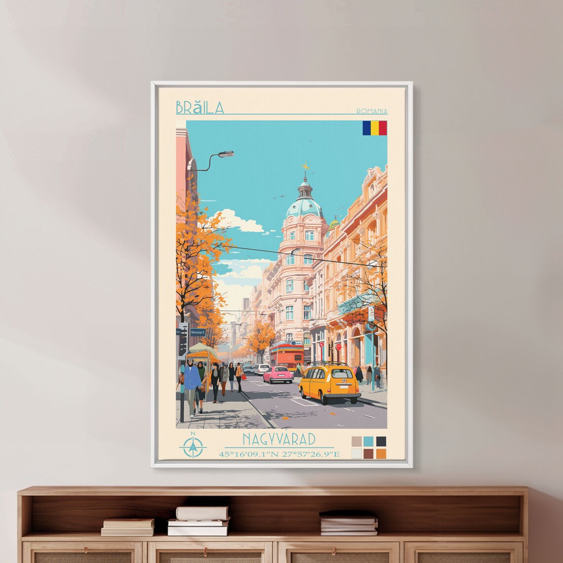 Braila Romania Autumn Street Golden Trees Classic Car Travel Poster - Image 3