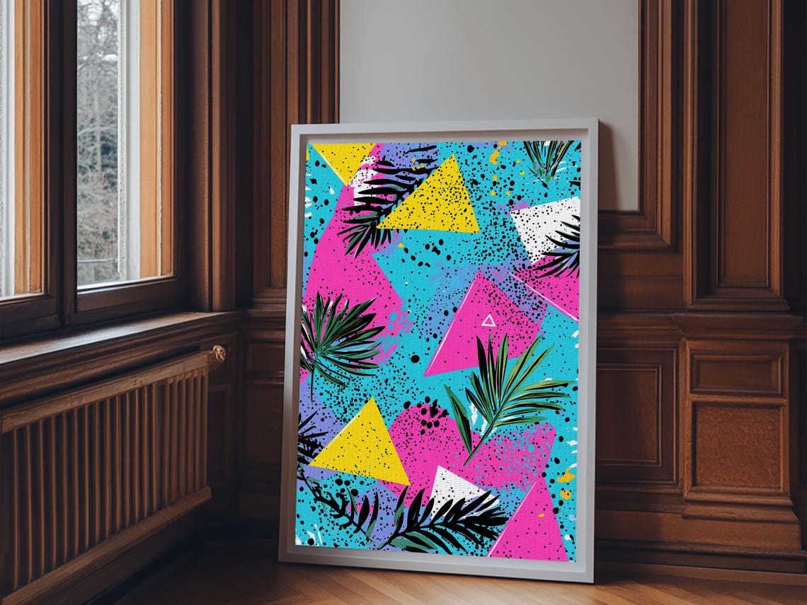Retro 90s Neon Triangles Palm Leaves Turquoise Pink Pop Wall Art - Image 5