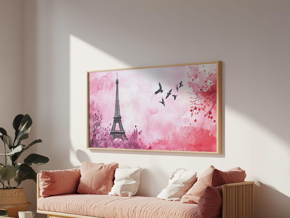 Eiffel Tower And Birds Pink Watercolor Paris Skyline Romantic Poster - Image 2