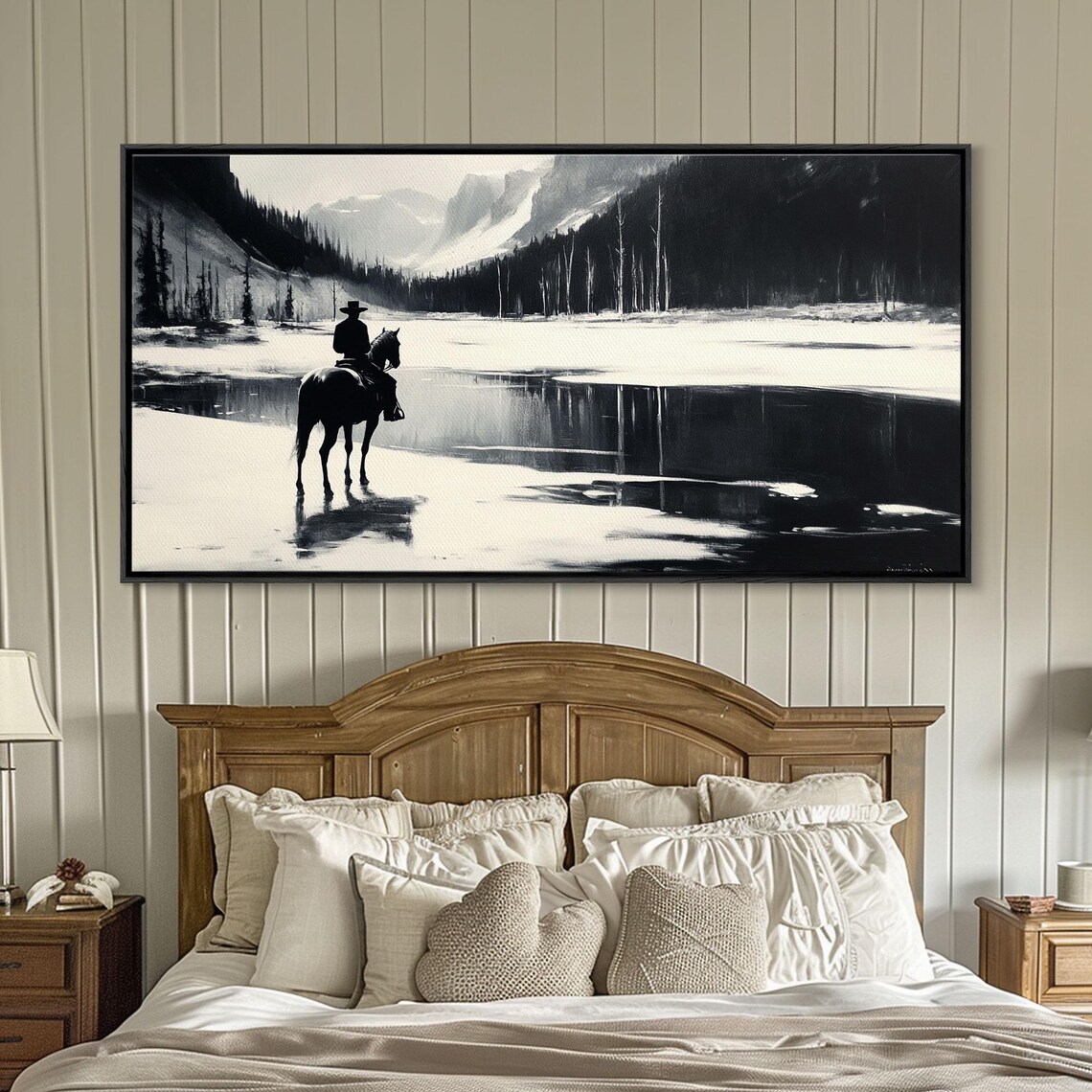 Cowboy On Horseback By A Frozen Mountain Lake Black White Art Print - Image 4