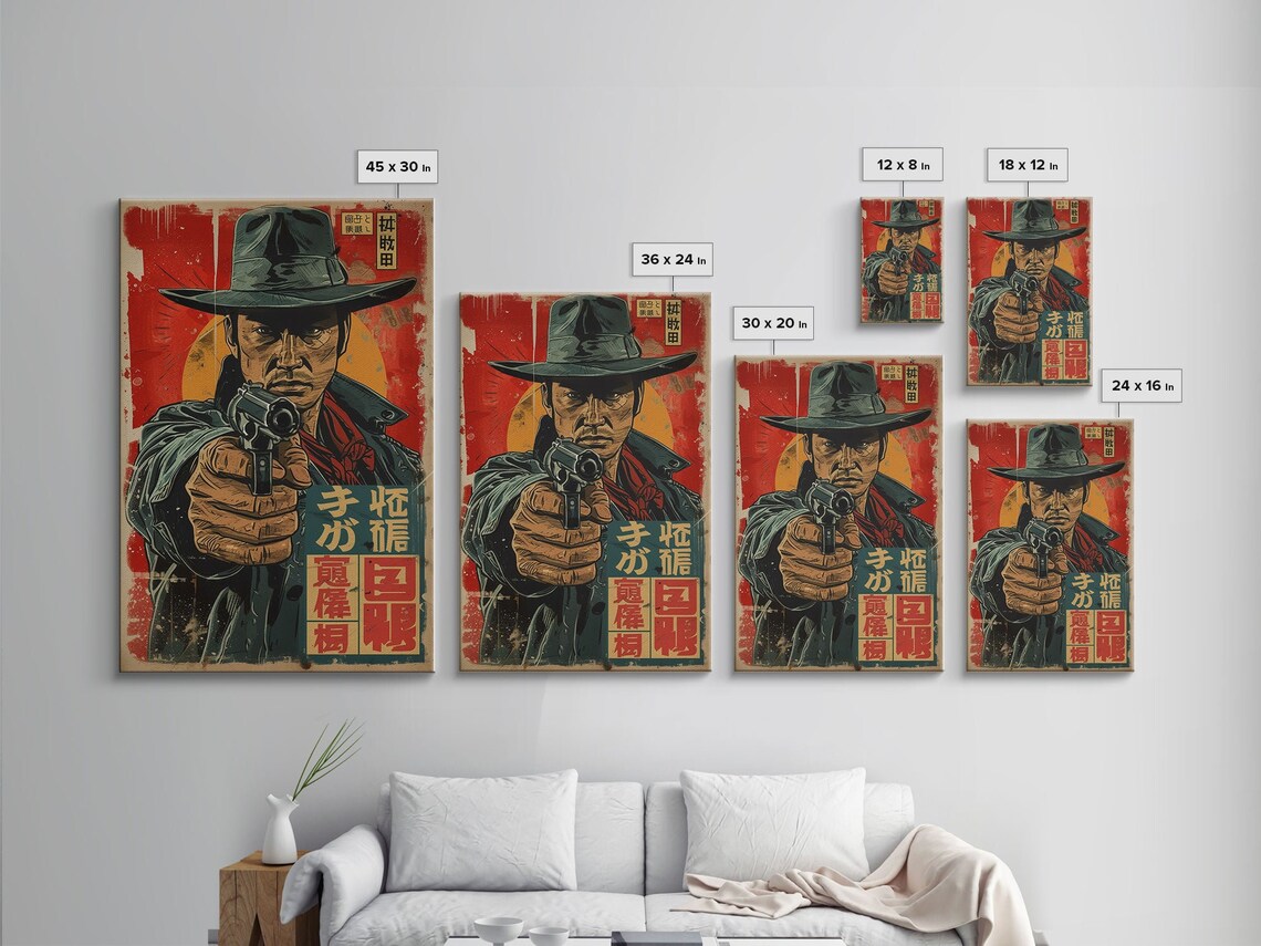 Japanese Gunslinger Cowboy Revolver Red Sun Comic Book Wall Art - Image 2