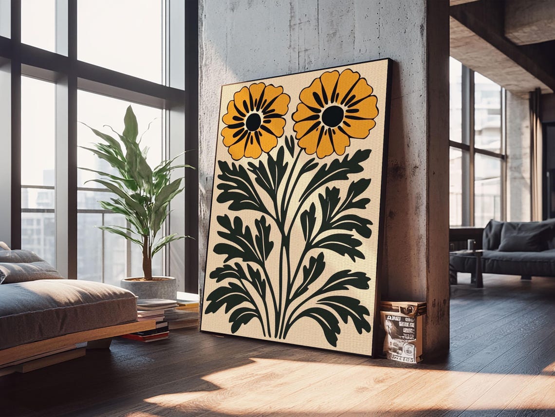 Mid Century Modern Botanical Flowers Orange Black Cottagecore Print - Image 4
